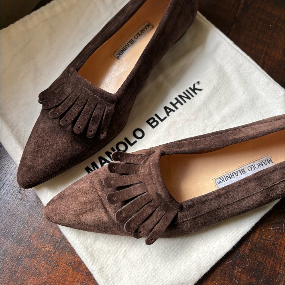 Manolo Blahnik Chocolate Suede Flats - Picture 3 of 5